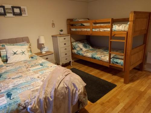 a bedroom with two bunk beds and a desk at 24 New Esplanade Court in Paignton