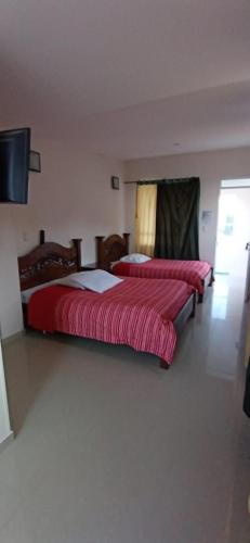 a bedroom with two beds and a flat screen tv at Hotel Alta Vista Campestre in Tibasosa