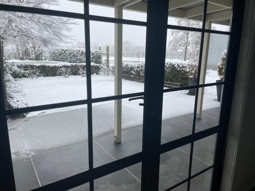 an open window looking out at a snow covered yard at Cosy Cottage in the Vines in Waipara