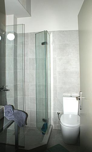 a bathroom with a toilet and a glass shower at Central studio in Monastiraki in Athens