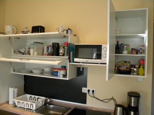 a kitchen with a sink and a microwave at Business Apartment/Ferienwohnung (z. CGN/FFM) in Ellenhausen