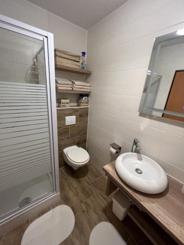 a bathroom with a toilet and a sink and a shower at Südhang FeWo in Murau