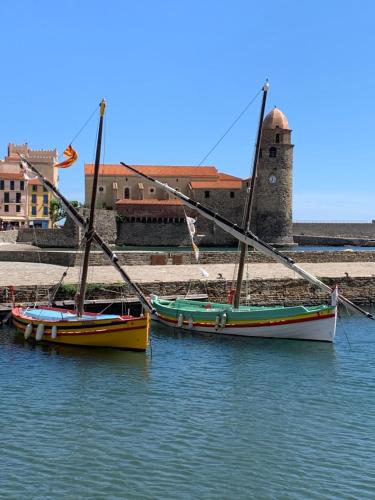 dos barcos sentados en el agua al lado de un edificio en El Mayul 2' centre, plage, WiFi, au calme, clim, parking,, en Collioure