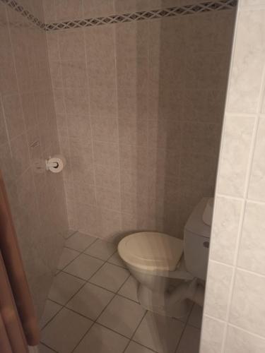 a bathroom with a toilet and a tiled floor at Penzion Stella in Luhačovice