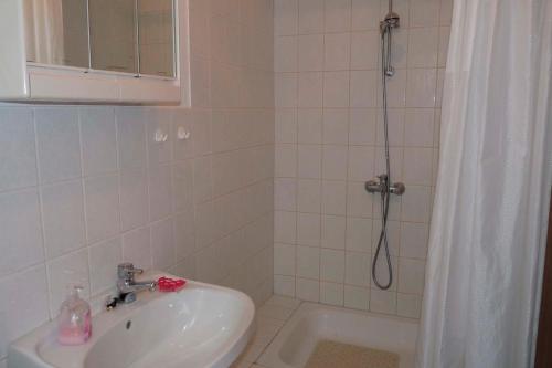 y baño con lavabo y ducha con cortina de ducha. en Ferienwohnung Tor zur Ostsee - a55965 en Mellenthin