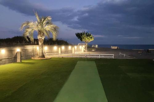 a green lawn with two palm trees and a wall at 2022年NO.1ビーチもまるごと貸切冬OK屋根付暖房/BBQ場完備/カラオケ/キャンプファイヤー in Chōjamachi