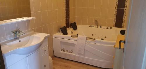 uma casa de banho com uma banheira branca e um lavatório. em Appartement 4 chambres Sur la Cave em Givet