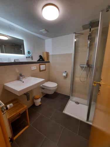 uma casa de banho com um lavatório, um chuveiro e um WC. em Haus Kohlberghof em Bichlbach