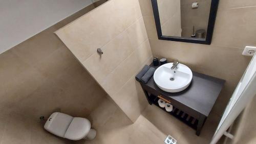 an overhead view of a bathroom with a sink and mirror at Zakarias Apartments in Miercurea-Ciuc