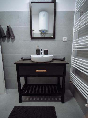 a bathroom with a sink and a mirror at Zakarias Apartments in Miercurea-Ciuc