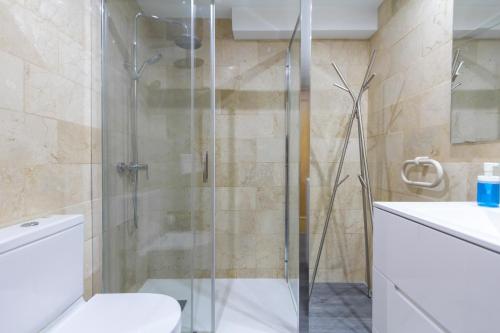 a bathroom with a shower with a toilet and a sink at Homelike Sol - Gran Via I in Madrid