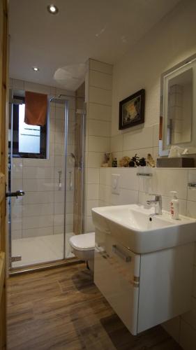 a bathroom with a sink and a shower and a toilet at Heckes Ferienwohnung in Schöneiche