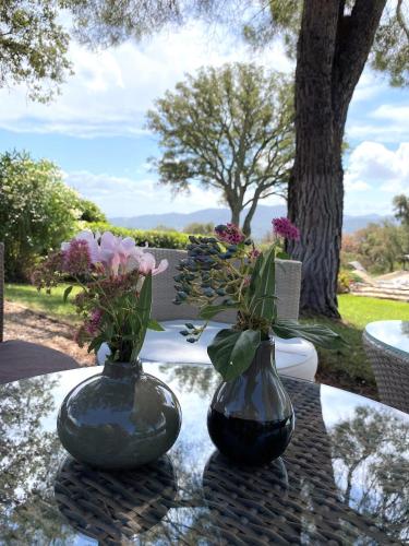 two vases sitting on a table with flowers in them at Il Falco - Rustico-Villa mit privatem Pool in Alleinlage in Caldana