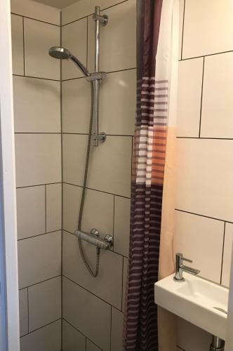 a bathroom with a shower and a sink at B&B Kogervennetje in De Koog