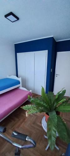 a room with a bed and a plant on the floor at Excelente DPTO a cuadras del mar in Mar del Plata