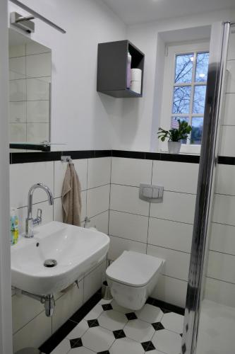 a white bathroom with a sink and a toilet at Rezydencja Masuria in Siemiany