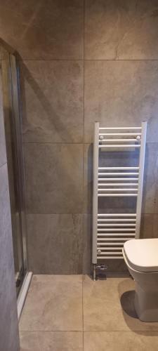 a bathroom with a shower with a toilet in it at Holiday Home Schwabenhaus in Kirkcaldy