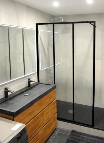 une salle de bain avec douche et lavabo dans l'établissement Les Briochines - Cocon cosy en plein centre-ville, à Saint-Brieuc