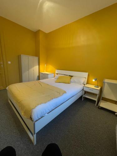 a bedroom with a large bed and a yellow wall at Le VILLAGE d'EZRA in Brussels
