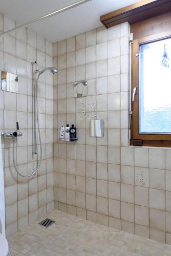 a bathroom with a shower and a window at 2 rooms Appartment "Home, Swiss Home" in Bilten