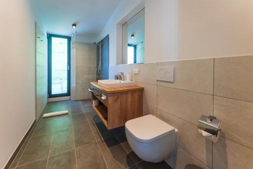 a bathroom with a toilet and a sink at Heufelder Hof in Bruckmühl