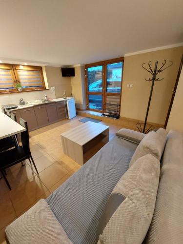 a living room with a couch and a kitchen at Domki u Basi in Kluszkowce