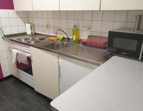 a kitchen with a sink and a microwave at Private Bed in a Shared Spacious Apartment in St. Gallen