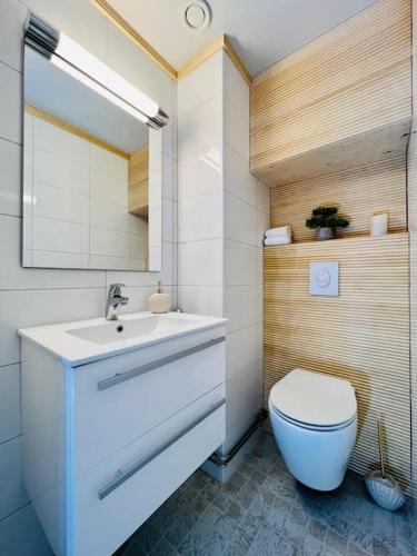 ein Badezimmer mit einem weißen WC und einem Waschbecken in der Unterkunft Spacious City Center Apt - Sauna - Self Check in in Rovaniemi