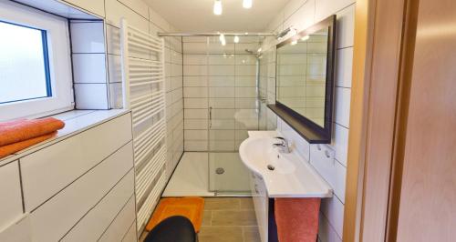 ein kleines Bad mit einem Waschbecken und einer Dusche in der Unterkunft Ferienhaus Quelle in Loßburg