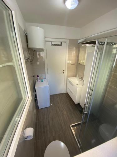 a bathroom with a shower and a toilet and a sink at Apartment Lola in Srima