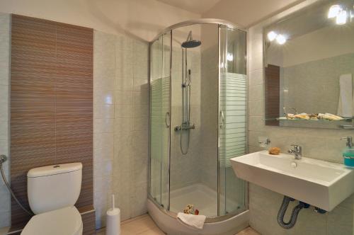 a bathroom with a shower and a toilet and a sink at Hotel Rigas in Adamantas