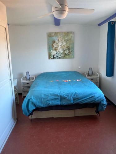 - une chambre avec un lit bleu et un ventilateur de plafond dans l'établissement Perle rare, à Sainte-Croix-de-Verdon