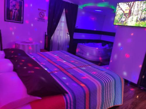 a bedroom with pink and purple lighting and a bed at Hotel el Che No apto para corruptos in Azogues