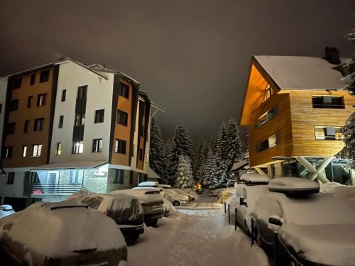 a group of cars covered in snow next to buildings at VIOLET QUEEN in Kopaonik