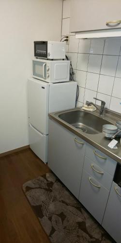 eine kleine Küche mit Spüle und Kühlschrank in der Unterkunft ホテルサンクリスター 201 in Tokio