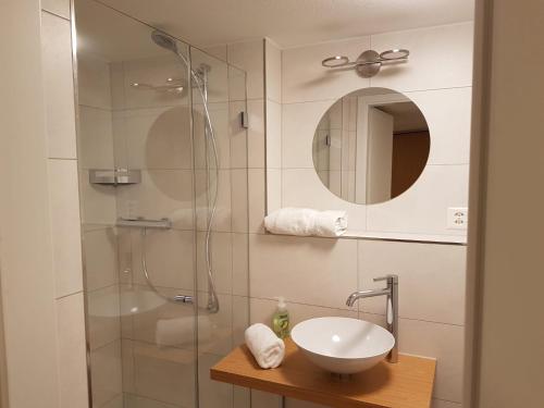 La salle de bains est pourvue d'une douche, d'un lavabo et d'un miroir. dans l'établissement Gasthaus Hirschen AG, Oberiberg, à Oberiberg