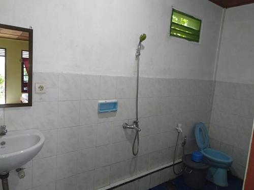 a bathroom with a shower and a toilet and a sink at Sibayak Guesthouse in Tuk Tuk