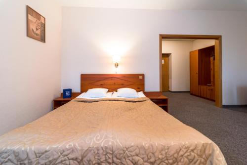 a bedroom with a large bed with a wooden headboard at Kolonna Hotel Brigita in Rīga