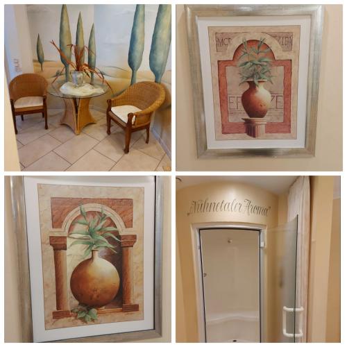 a collage of four pictures with a painting of a vase at Wellness-Gasthof-Cafe Nuhnetal in Frankenberg