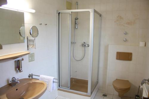 bagno con doccia e lavandino di Pension Grünhaid a Schönwald