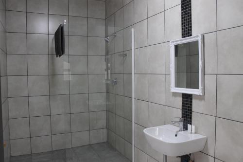 a bathroom with a sink and a shower with a mirror at Berry Lane Guesthouse in Kroonstad