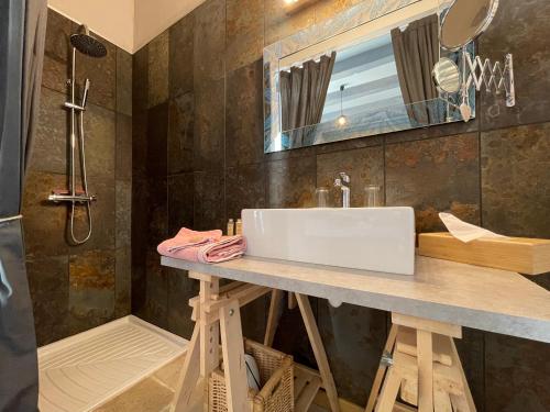un baño con lavabo y ducha en La Ferme Buissonnière, en Bardou