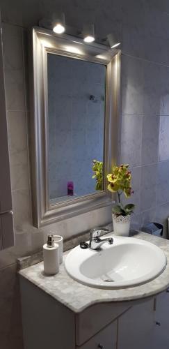 a bathroom with a sink and a mirror at Casa con piscina y jardin privado OASIS DE DOLORS in Puig-Gros