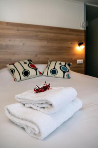 Ένα ή περισσότερα κρεβάτια σε δωμάτιο στο Hôtel Le Cyrano Bergerac