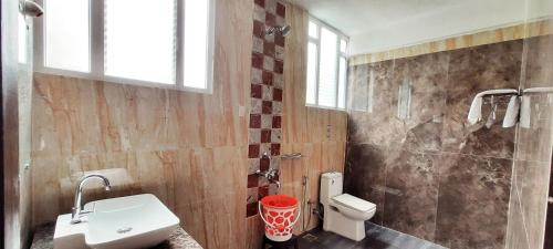 a bathroom with a sink and a toilet at Hosamane Farm Inn in Sringeri