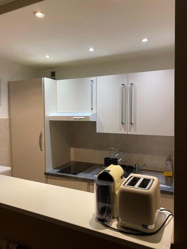 une cuisine avec un grille-pain assis sur un comptoir dans l'établissement Beach-studio, à Antibes