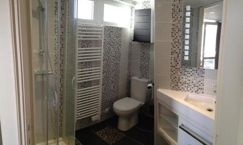 een badkamer met een toilet, een douche en een wastafel bij Osez la Creuse - Au bord du lac de Vassivière - 27 in Royère-de-Vassivière