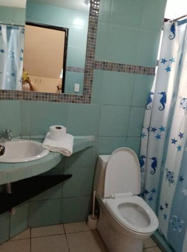 a bathroom with a toilet and a sink and a mirror at Conjunto vacacional Cocomar-Casa 6-5h in Carrizal