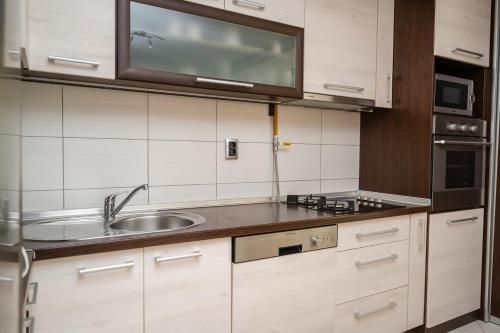 a kitchen with a sink and a counter top at Bright 1BDR Apartment in the City Center in Sarajevo