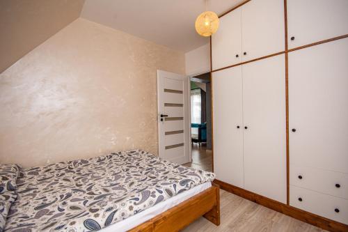 a bedroom with a bed and white cabinets at Apartament DaKar in Małe Ciche
